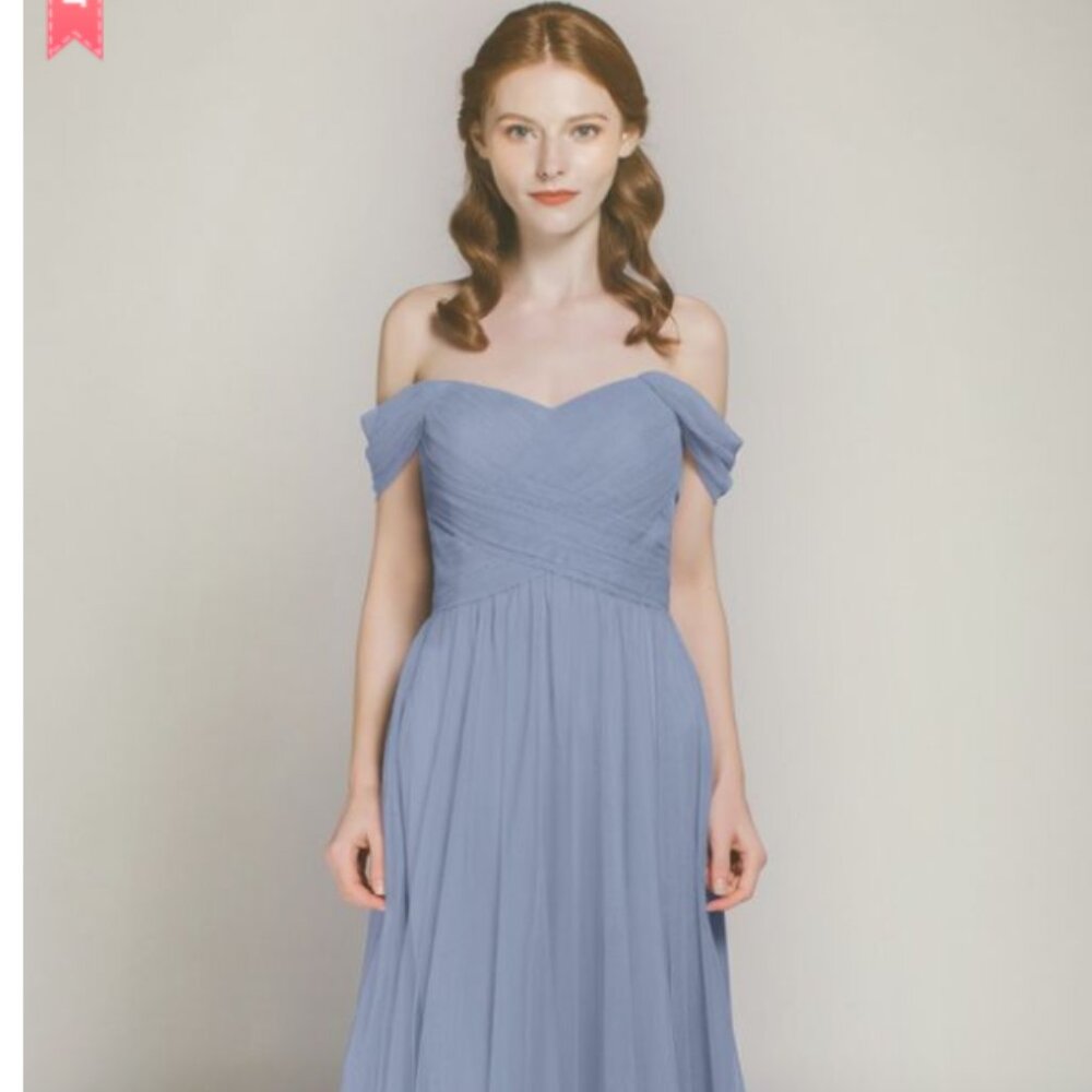 Tulle & Chantilly Dusty Blue Long Off Shoulder Bridesmaid Dress (16) Wedding